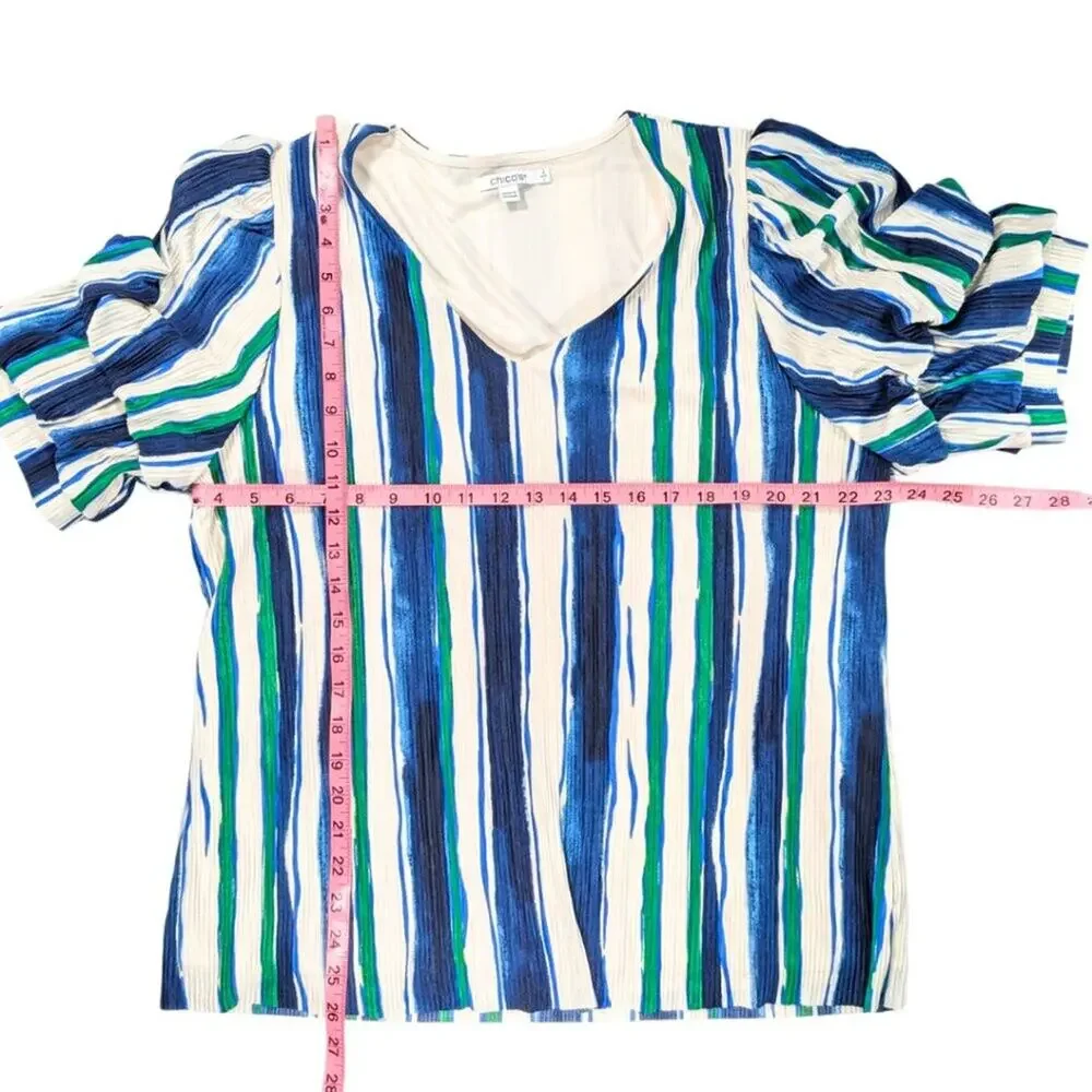 Chico's 2 (Large) Blue Green Stripe V-Neck Pleated Gathered Sleeve Lined Blouse